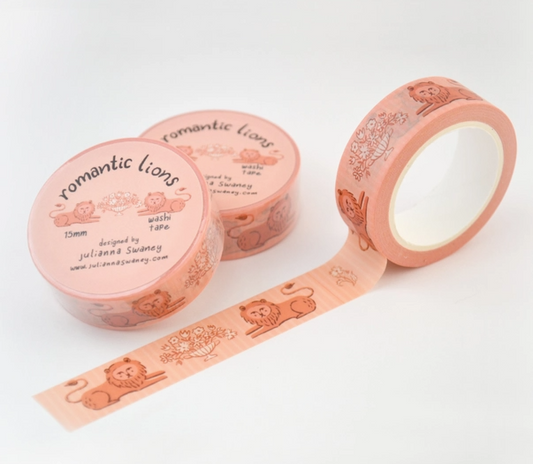 Washi tape with lion design and 'romantic lions' branding on a white background