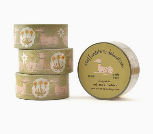 Three rolls of decorative tape with Staffordshire Dalmatian design on a white background