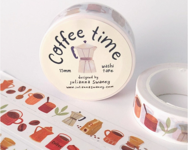 Washi tape with 'Coffee time' design and illustrations of coffee cups and pots on a white background.