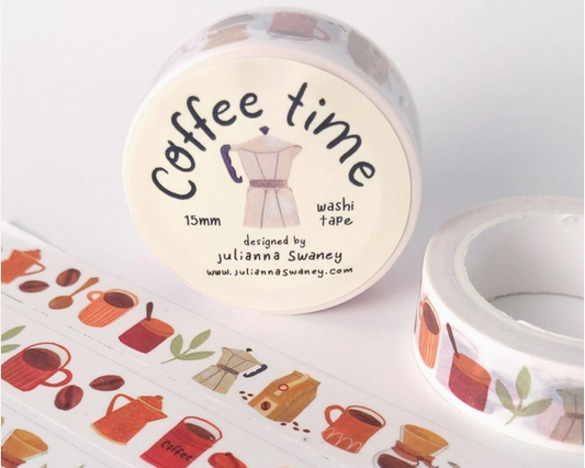 Washi tape with 'Coffee time' design and illustrations of coffee cups and pots on a white background.
