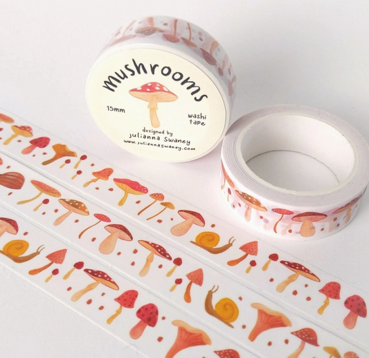 Roll of mushrooms-themed washi tape on a white background