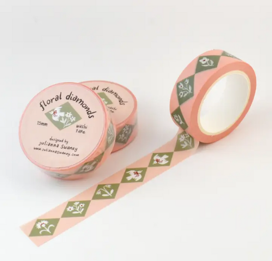 Floral diamonds washi tape with pink packaging on a white background