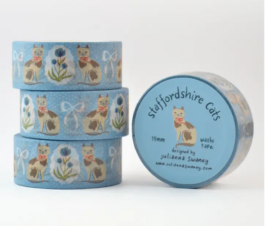 Set of blue washi tape rolls with Staffordshire cat design on a white background