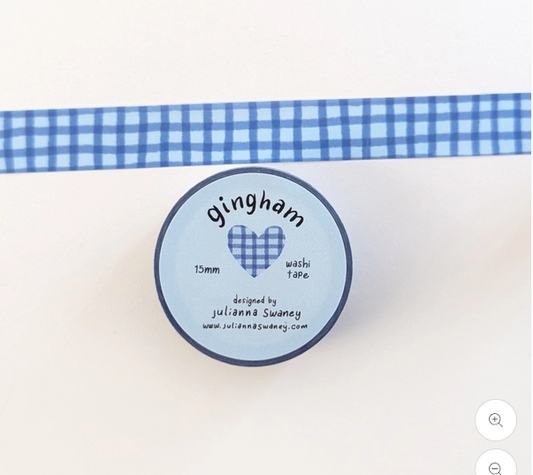 Blue gingham washi tape with a label on a white background