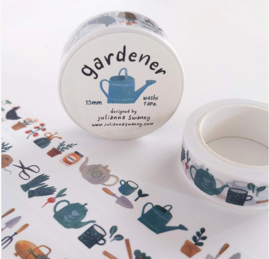 Washi tape with gardening-themed design on a white background