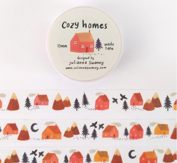 Washi tape with house and mountain design on a white background