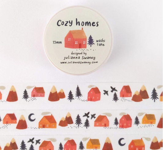 Washi tape with house and mountain design on a white background