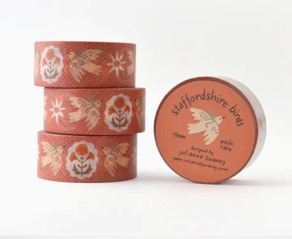 Stack of washi tape with 'Staffordshire birds' design on a white background