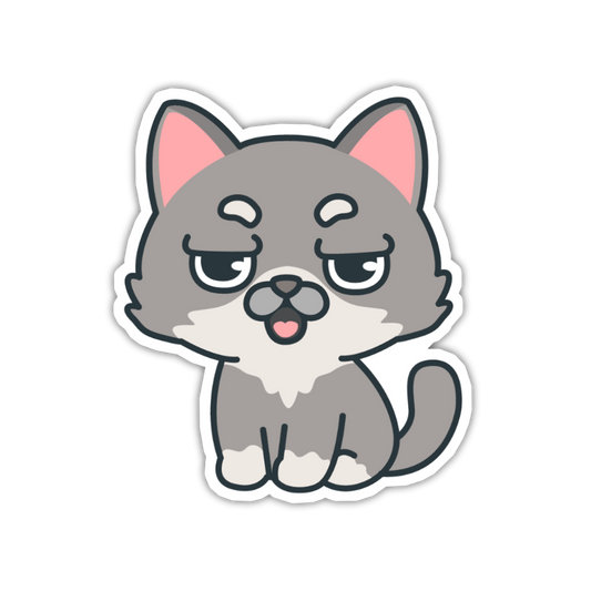 Cartoon cat sticker with a sad expression on a white background