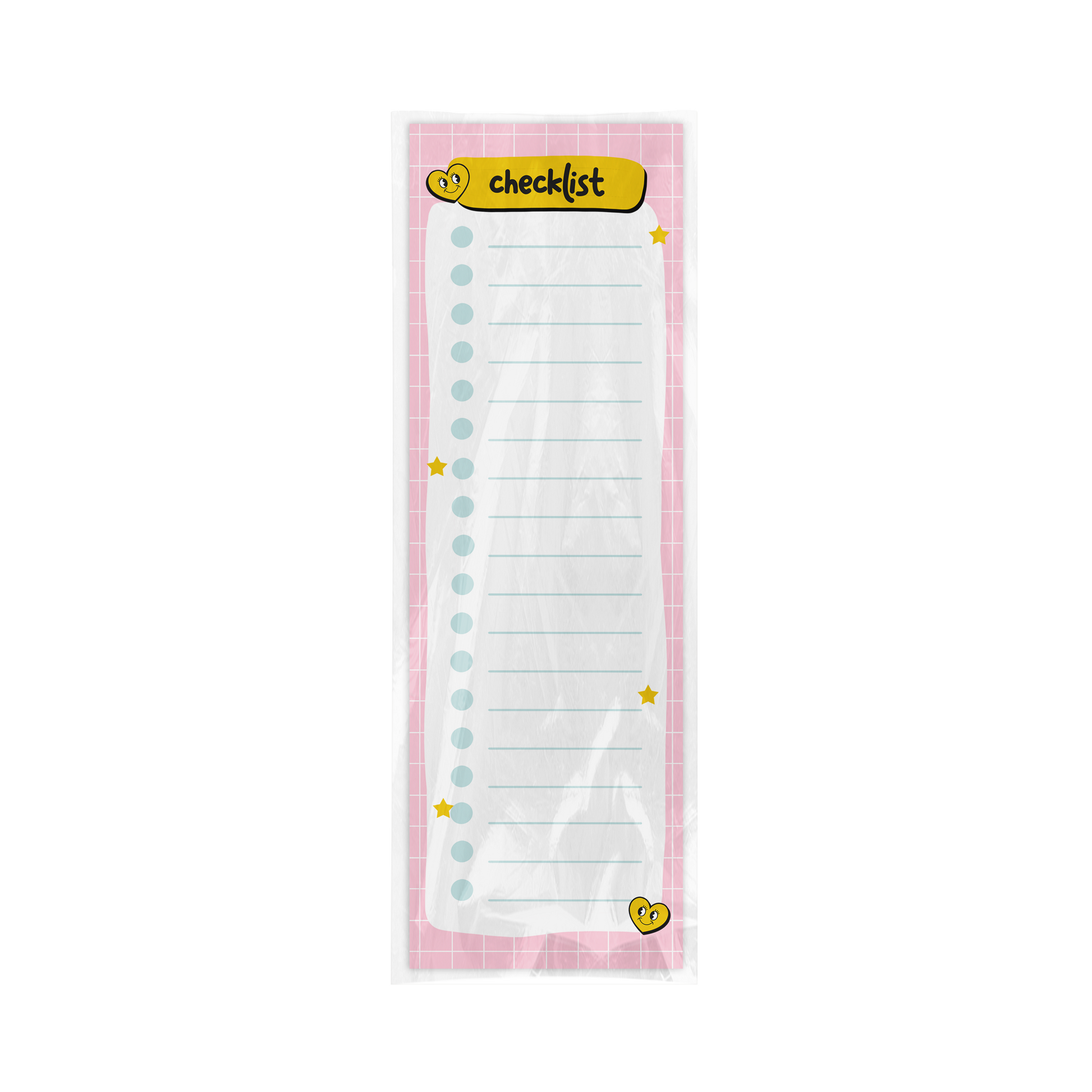 Long, narrow notepad with a pink border and 'checklist' text on a white background