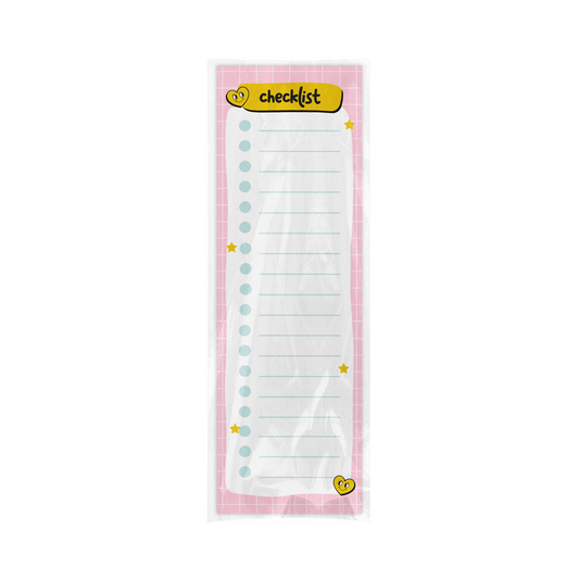 Long, narrow notepad with a pink border and 'checklist' text on a white background