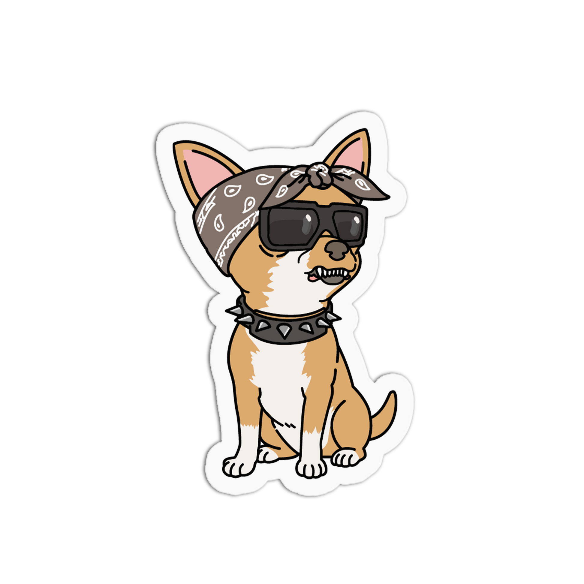 A cartoon-style die-cut sticker of a small tan and white dog wearing black sunglasses, a black bandana, and a spiked collar, shown on a plain white background.