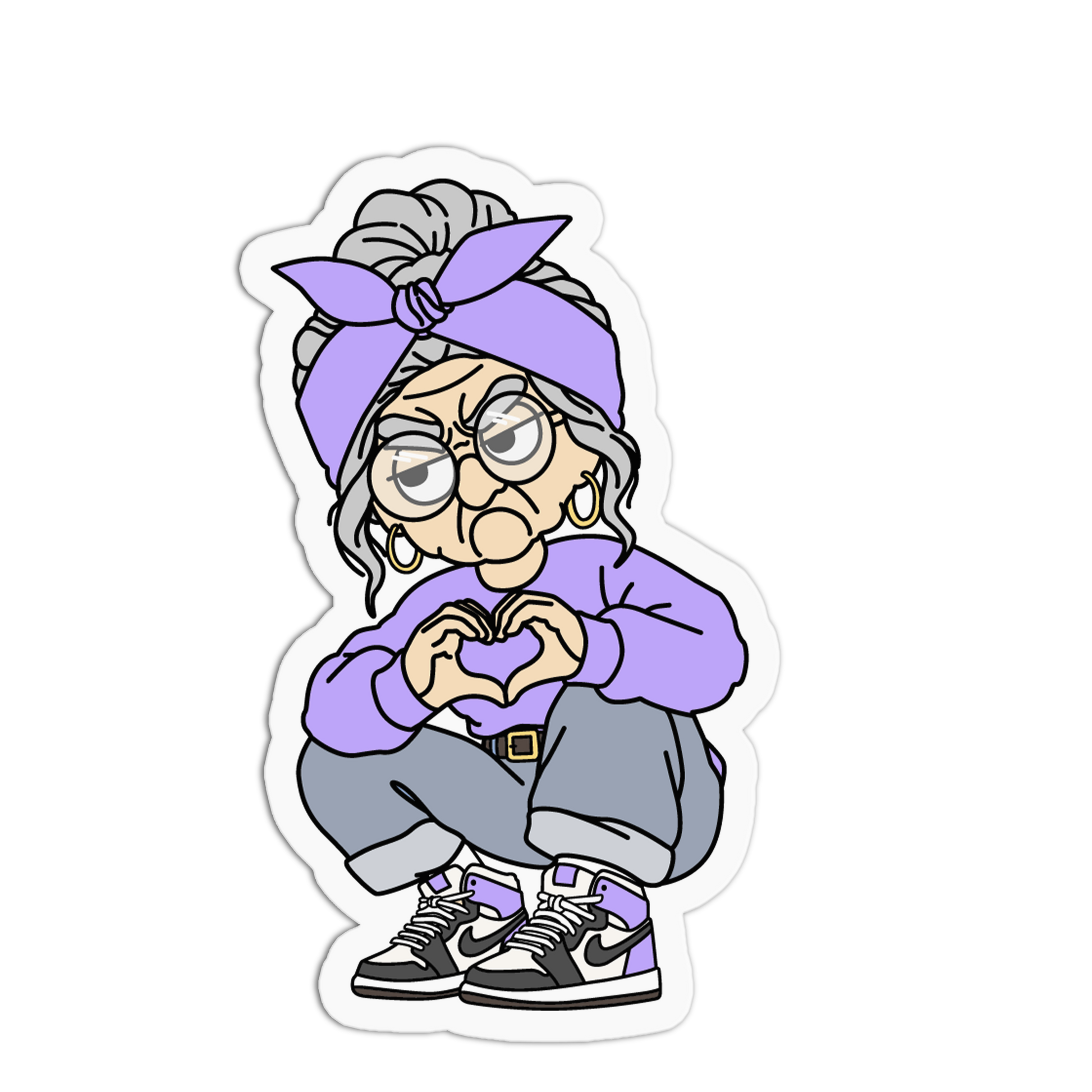 A die-cut vinyl sticker featuring a cartoon illustration of an older woman with gray hair in a purple headband, wearing a purple sweatshirt, gray pants, and black-and-white sneakers, crouching and forming a heart shape with her hands. The sticker is shown on a plain white background.