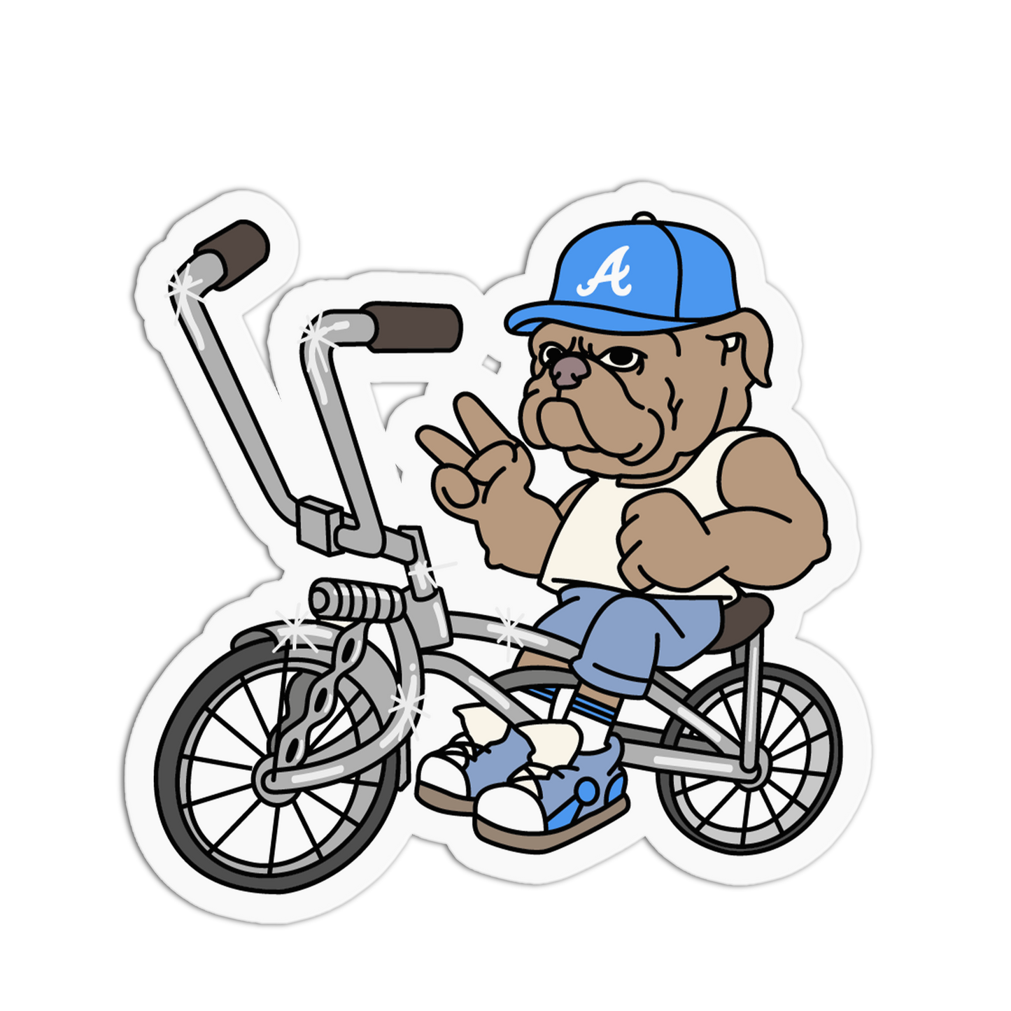 A die-cut sticker featuring a cartoon bulldog riding a BMX bicycle. The bulldog is wearing a blue baseball cap with a white 'A' logo, a white tank top, blue jeans, and blue sneakers, while making a peace sign.
