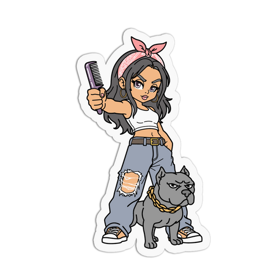 A cartoon-style die-cut sticker featuring a girl with dark hair holding a comb, wearing ripped blue jeans, a white crop top, and a pink bow headband, with a gray dog at her side, shown on a plain white background.