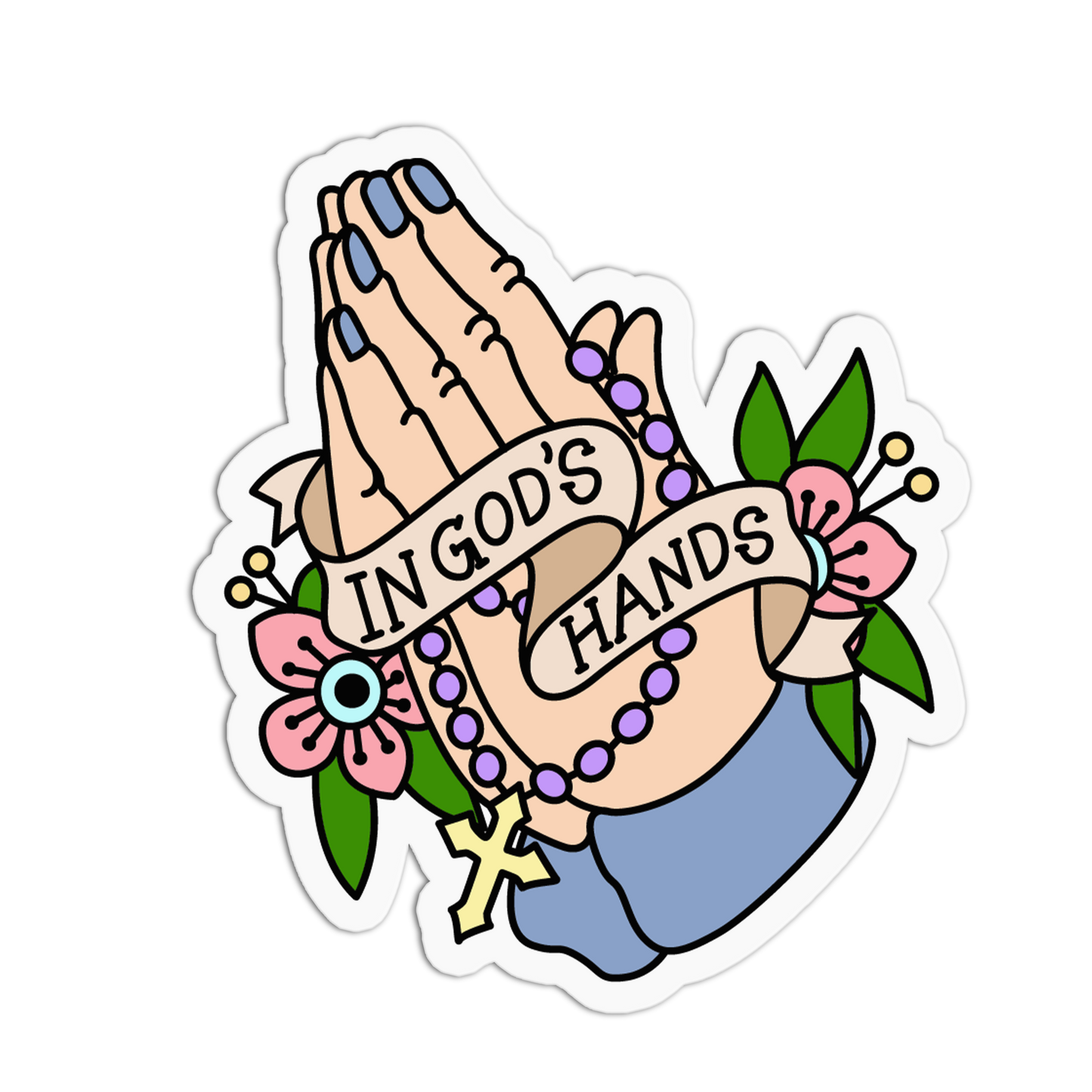 A die-cut sticker featuring a traditional tattoo-style illustration of praying hands with a rosary, pink flowers, green leaves, and a banner reading 'IN GOD'S HANDS'.