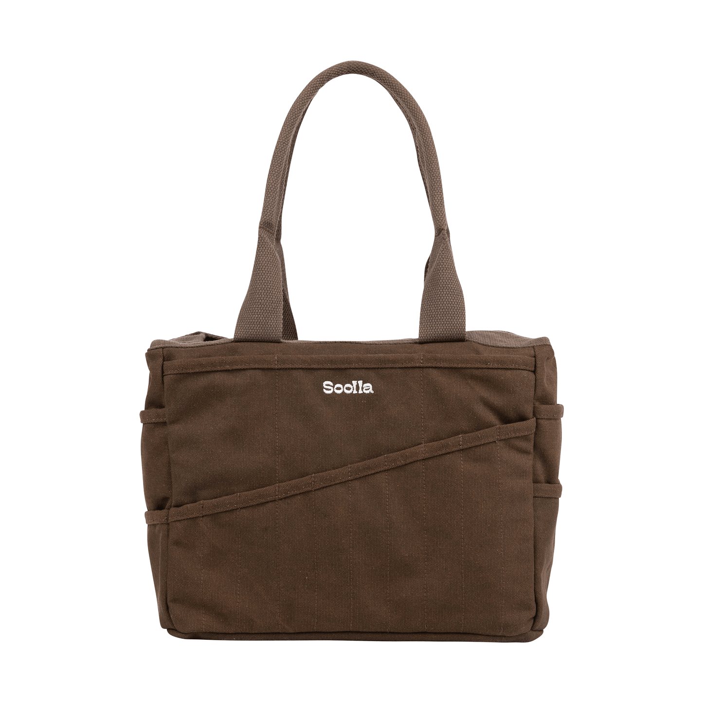Brown tote bag with a visible brand logo on a white background