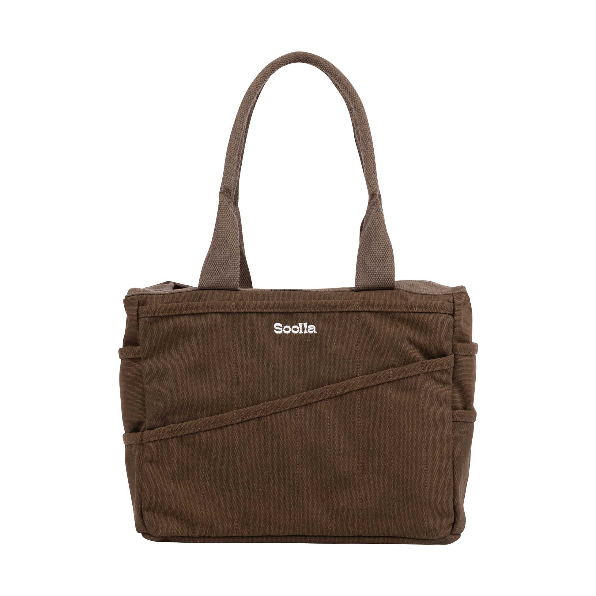 Brown tote bag with a visible brand logo on a white background