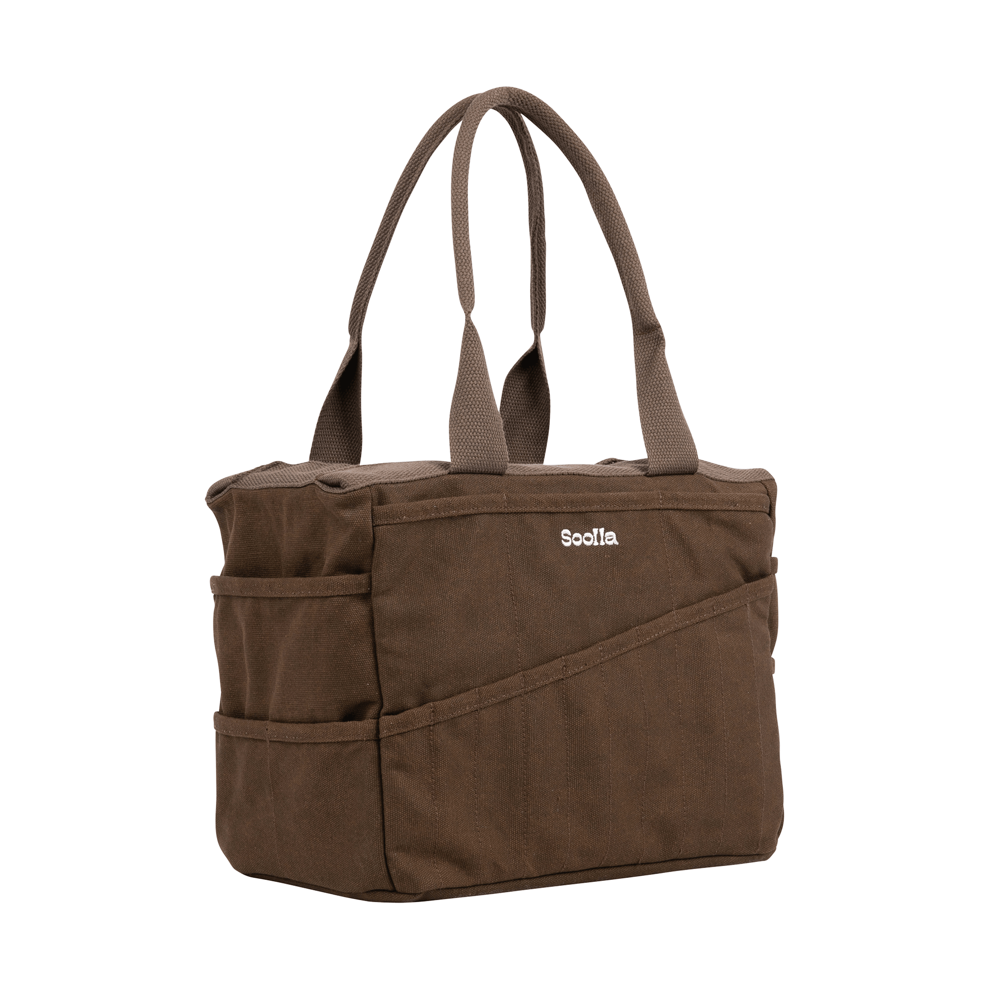 Brown tote bag with multiple pockets and a visible brand logo on a white background