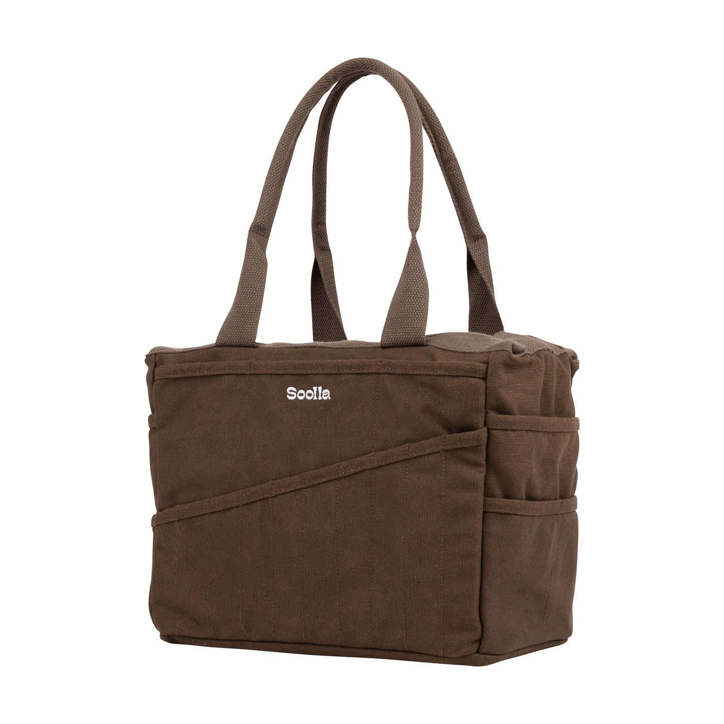 Brown tote bag with a visible brand logo on a white background