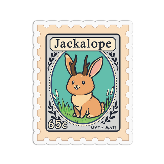 Sticker design resembling a postage stamp with a jackalope illustration and 'Jackalope' text.