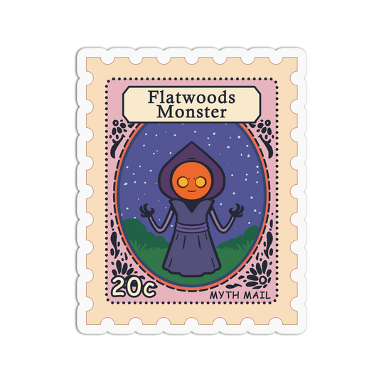 Sticker of the Flatwoods Monster with a purple robe and orange face on a beige border, featuring the text 'Flatwoods Monster' and '20c MYTH MAIL'.