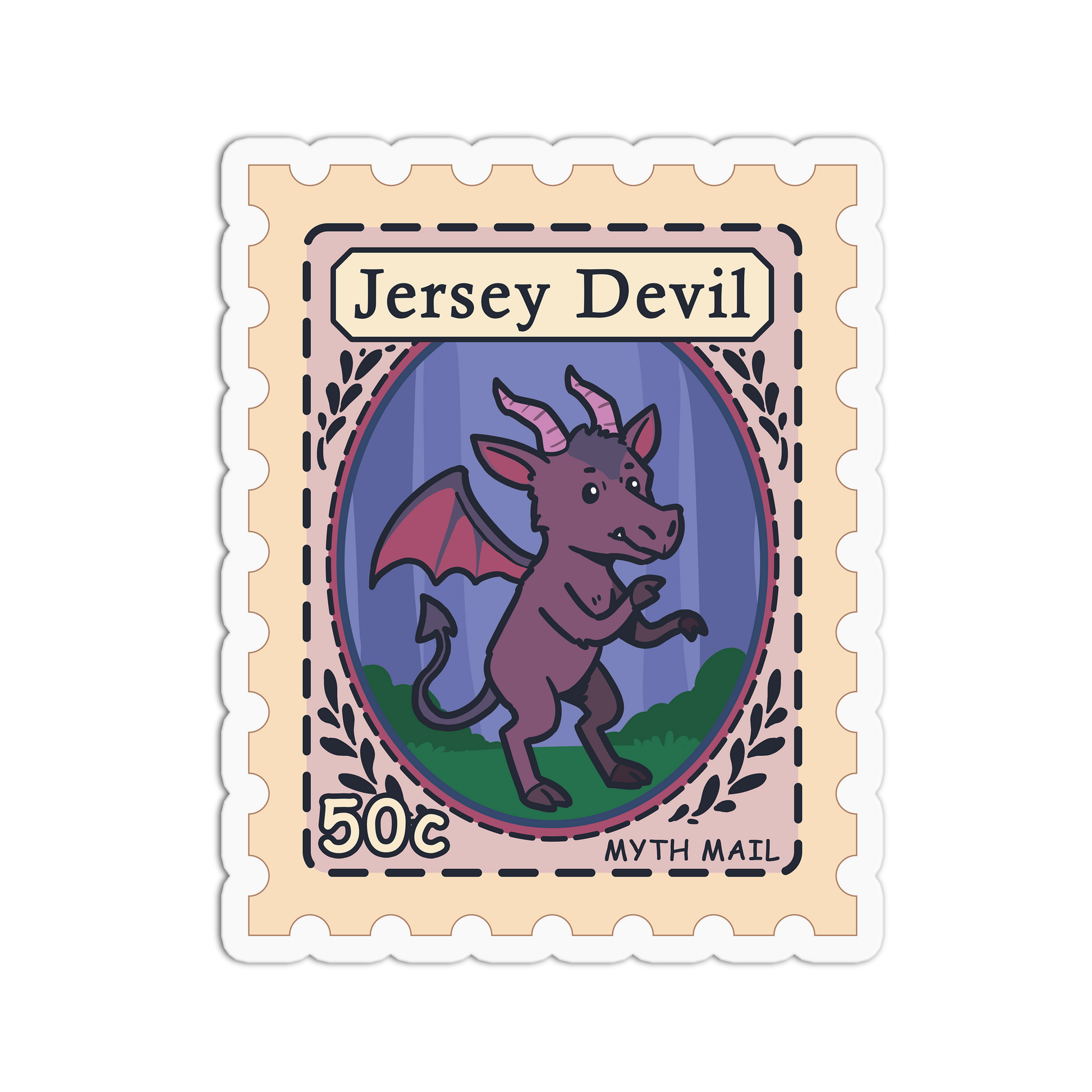 Sticker design resembling a postage stamp with a Jersey Devil illustration, labeled 'Myth Mail'.