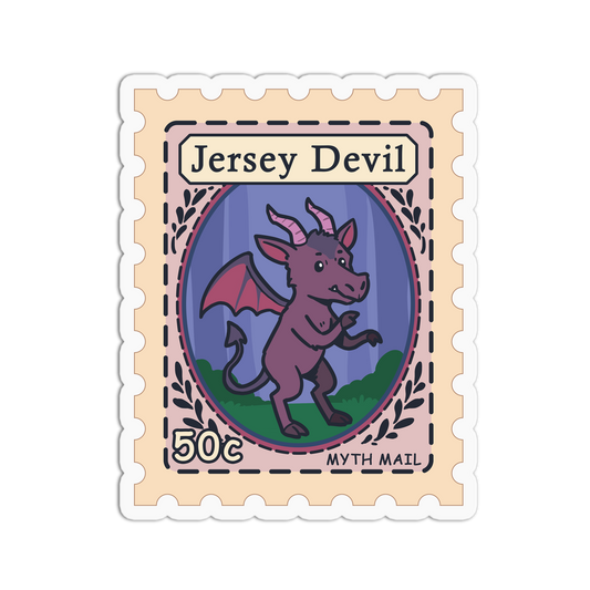 Sticker design resembling a postage stamp with a Jersey Devil illustration, labeled 'Myth Mail'.
