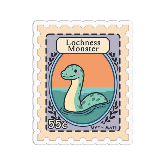 Sticker design of a Lochness Monster with a postage stamp border on a white background