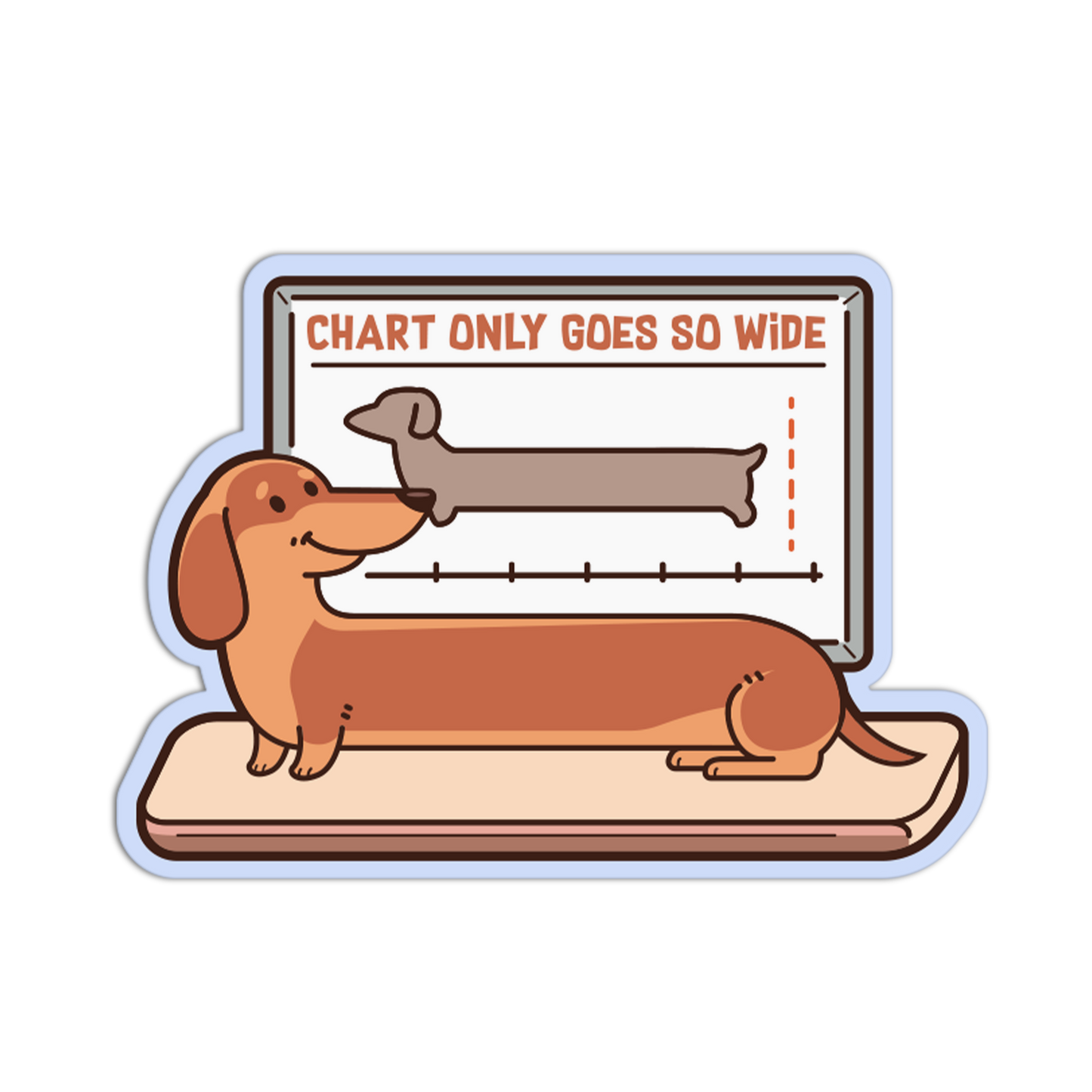 Cartoon dachshund looking at a chart with text 'Chart only goes so wide' on a white background