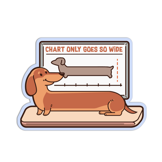 Cartoon dachshund looking at a chart with text 'Chart only goes so wide' on a white background