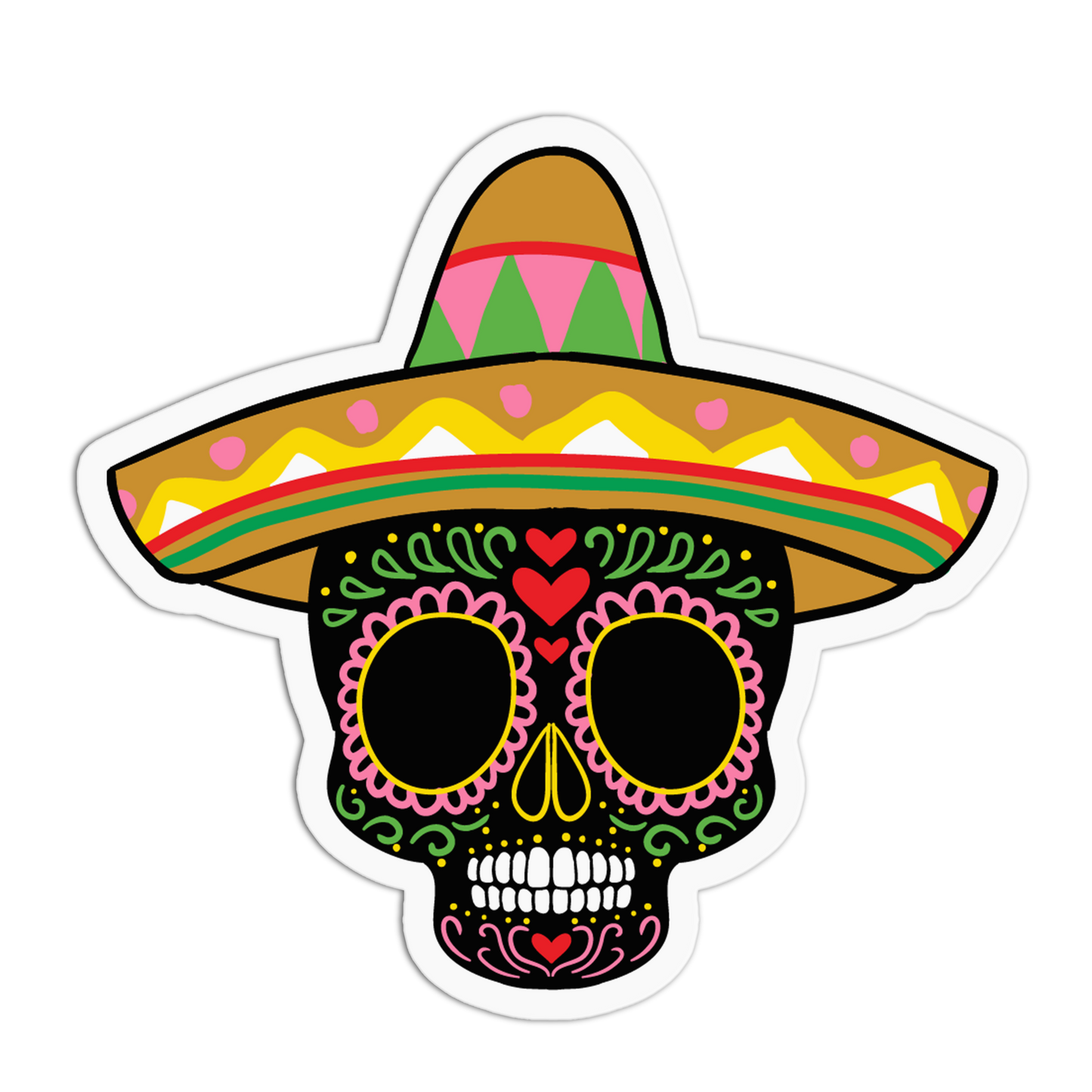 A die-cut sticker featuring a colorful Mexican sugar skull wearing a sombrero, shown on a plain white background.