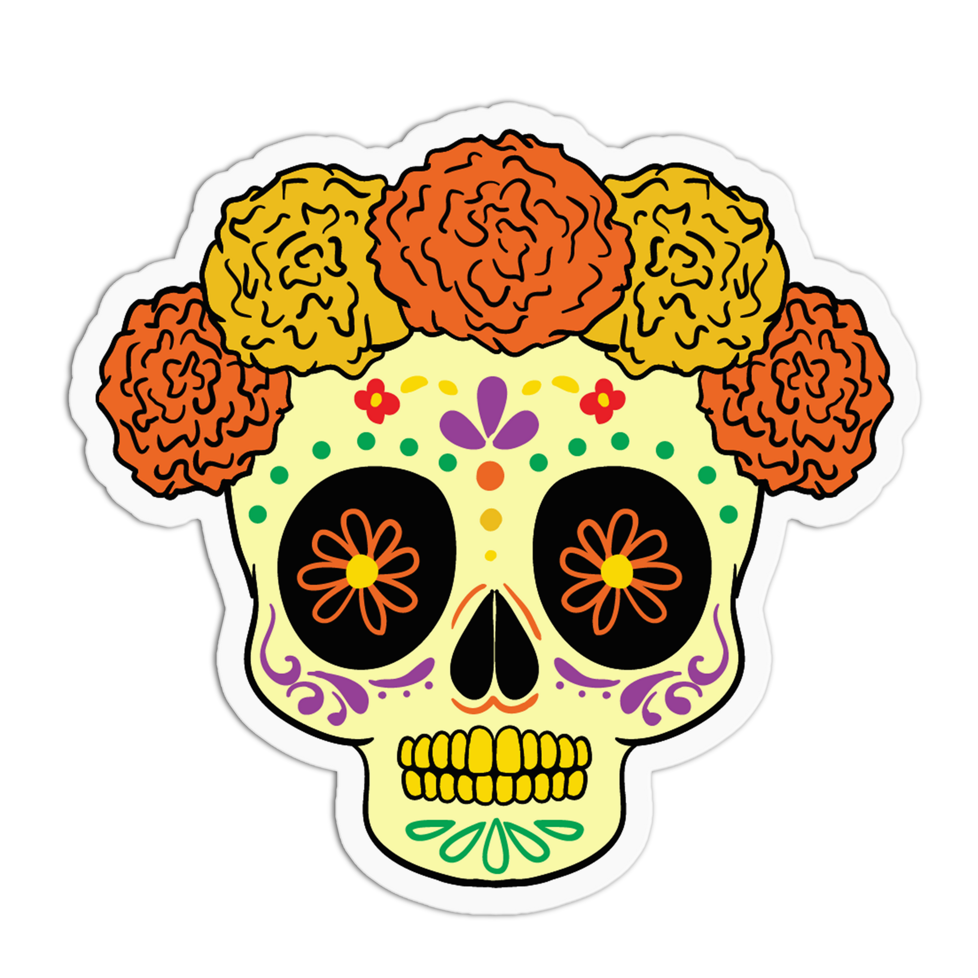 A die-cut sticker featuring a colorful sugar skull with yellow and orange marigold flowers in its hair, set against a plain white background.