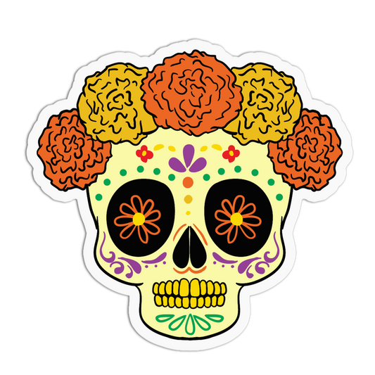 A die-cut sticker featuring a colorful sugar skull with yellow and orange marigold flowers in its hair, set against a plain white background.