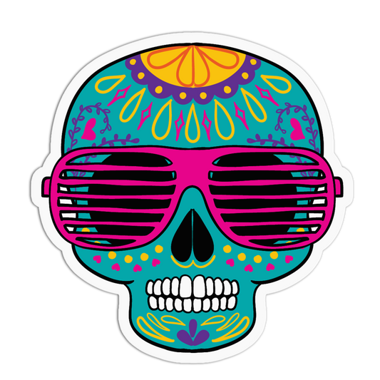 A die-cut sticker featuring a colorful sugar skull wearing bright pink shag sunglasses, isolated on a white background.