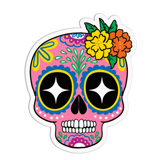 A die-cut sticker featuring a colorful sugar skull design with yellow and orange flowers on top, set against a plain white background.