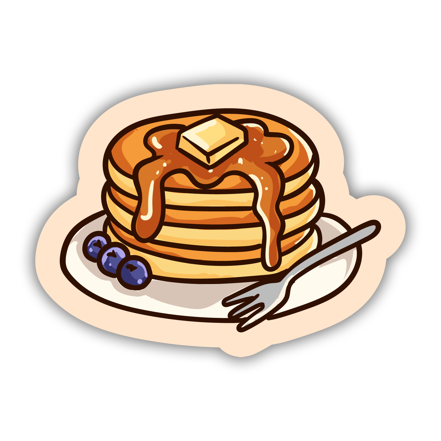 Cartoon illustration of pancakes with syrup, butter, and blueberries on a plate with a fork.