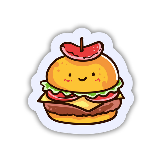 Cartoon hamburger sticker with a smiley face on a white background