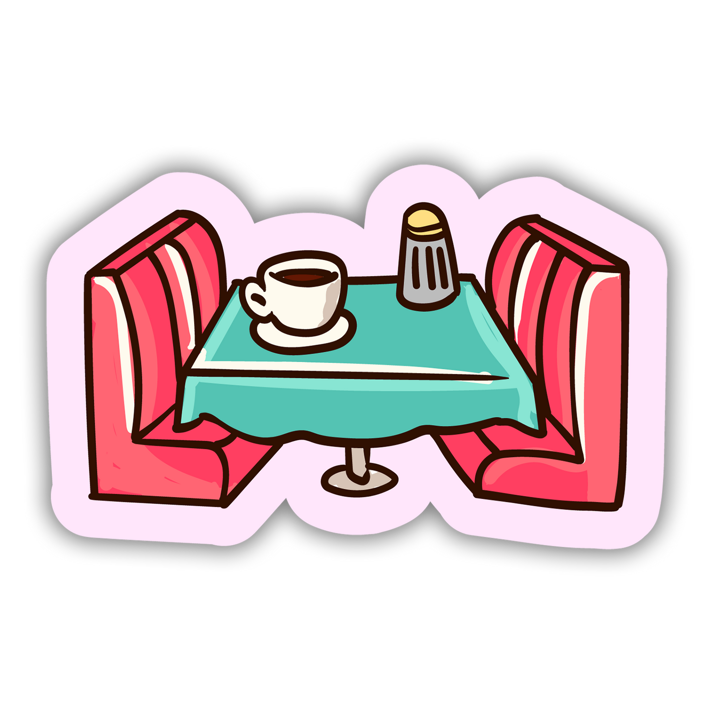 Illustration of a small cafe table with a cup and saucer, salt shaker, and two red chairs on a white background.