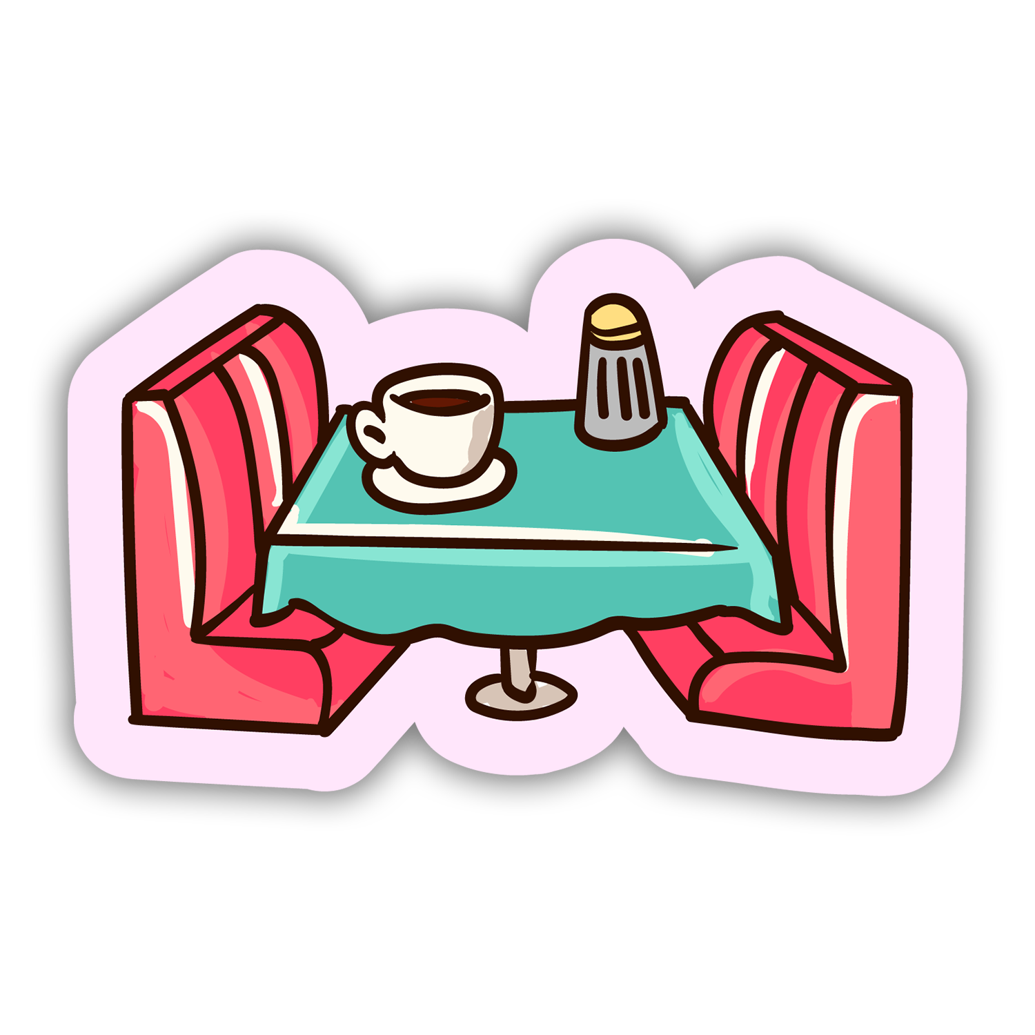 Illustration of a small cafe table with a cup and saucer, salt shaker, and two red chairs on a white background.