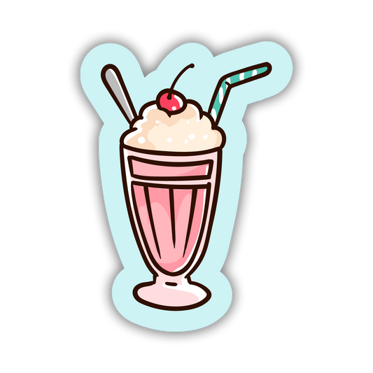Sticker of a pink milkshake with whipped cream and a cherry on top, on a light blue background.