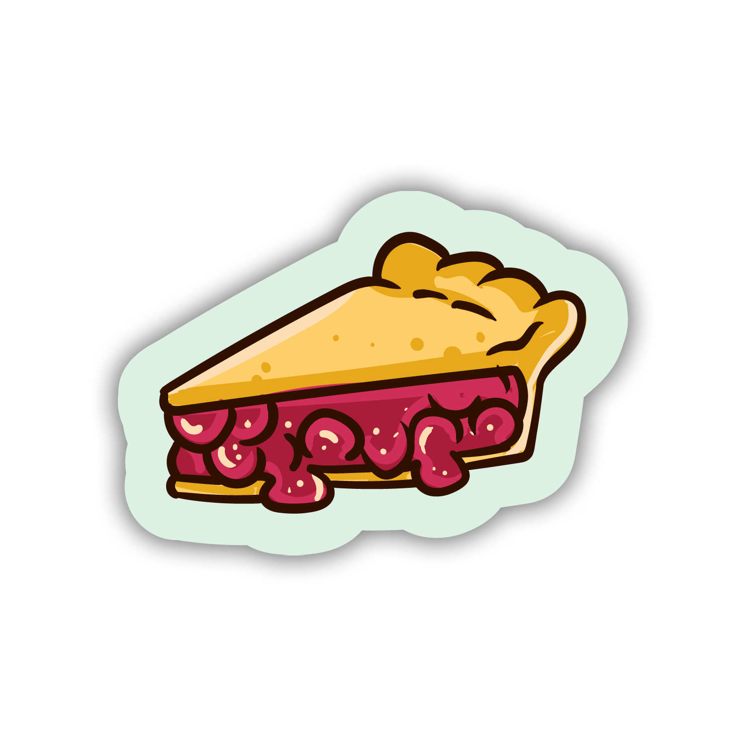 Sticker of a slice of cherry pie on a light green background