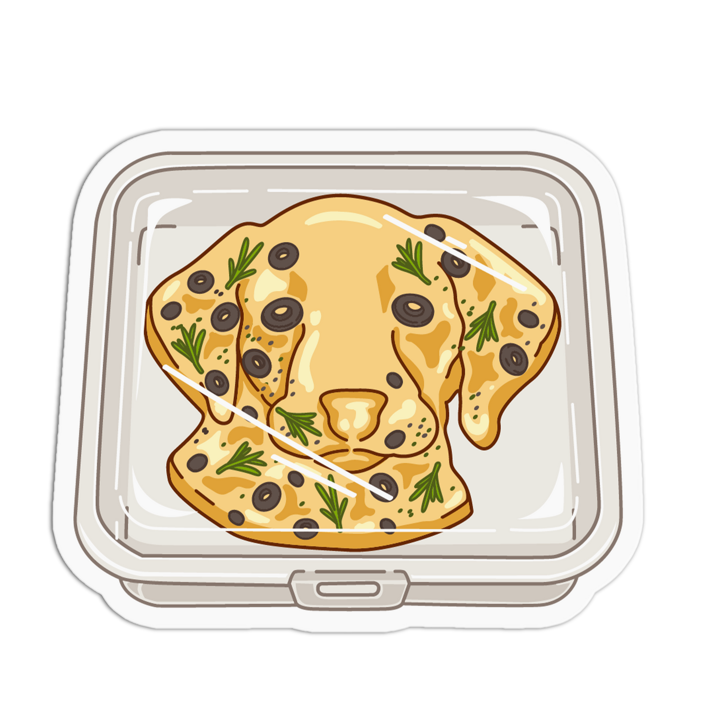 Illustration of a piece of bread with olives and herbs in a container on a white background