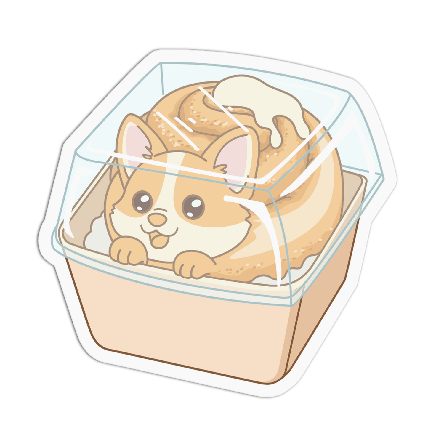 Illustration of a cinnabon with a dog's face inside a container on a white background