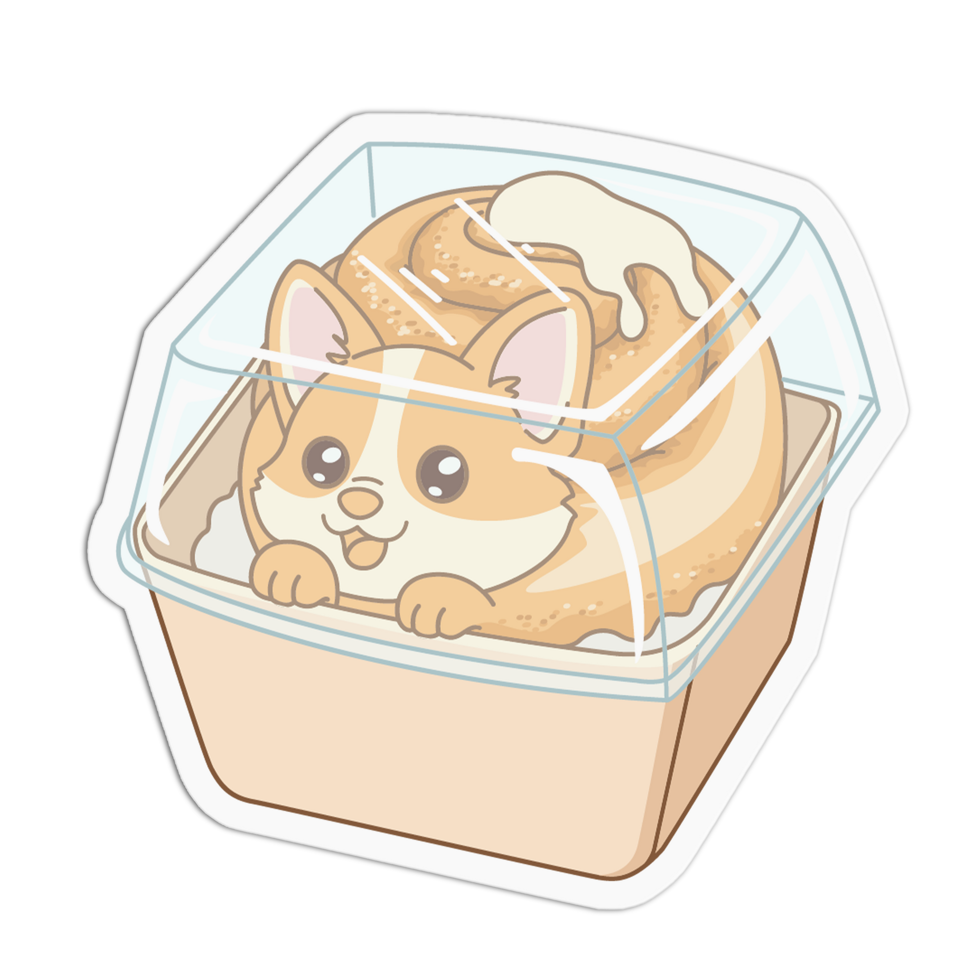 Illustration of a cinnabon with a dog's face inside a container on a white background