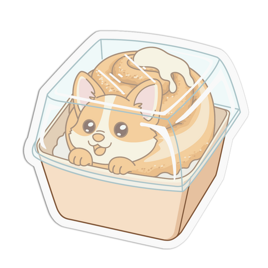 Illustration of a cinnabon with a dog's face inside a container on a white background