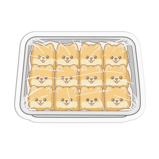 Container with cartoonish dog faces on a white background