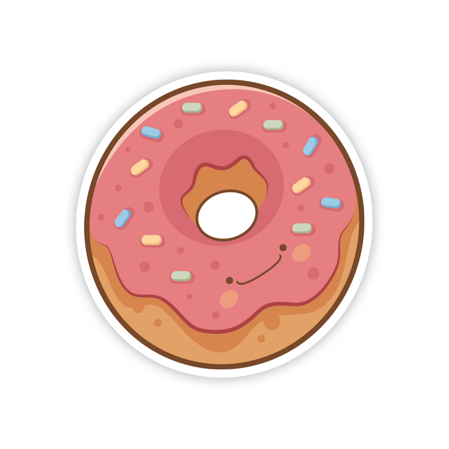 Cartoon donut with pink icing and sprinkles on a white background