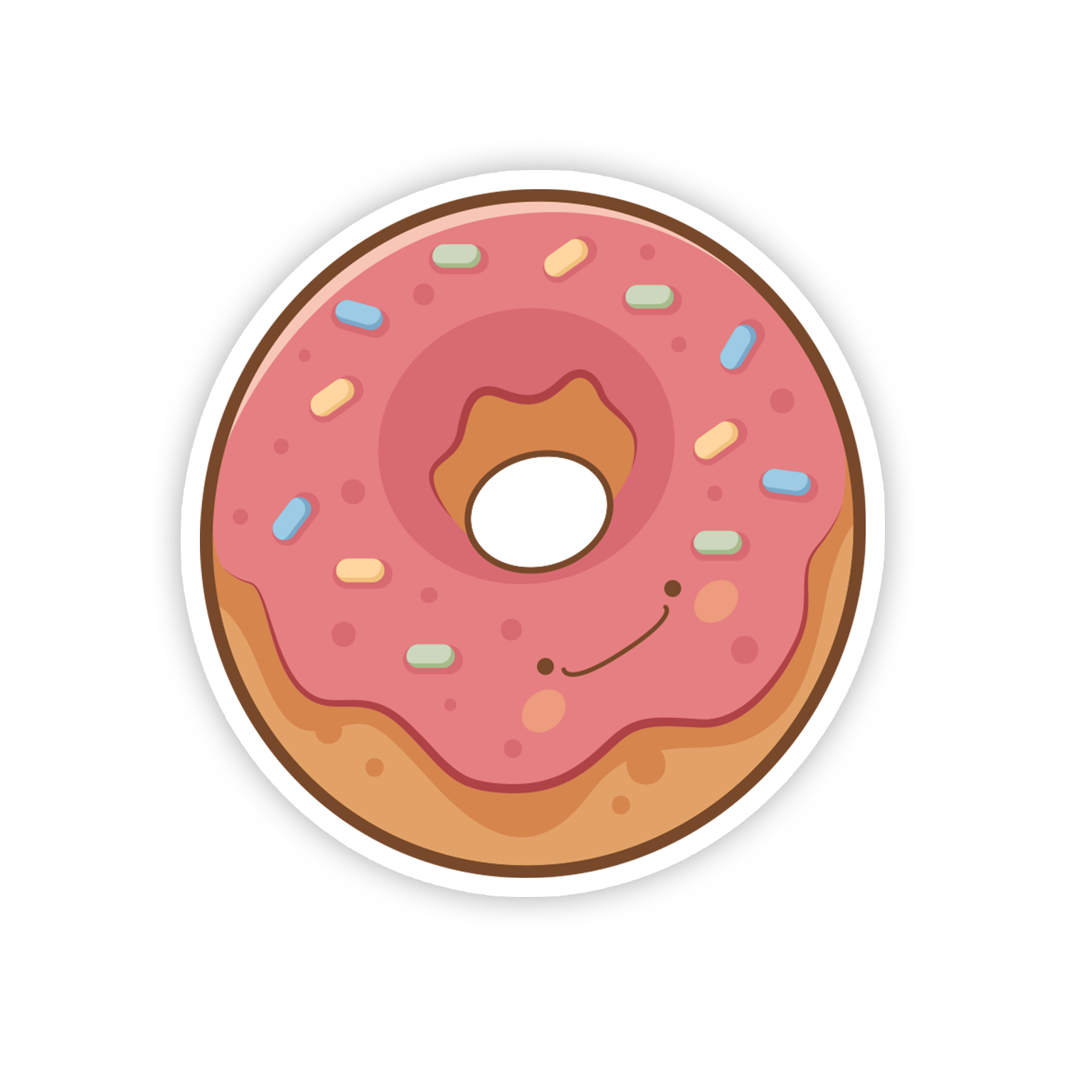Cartoon donut with pink icing and sprinkles on a white background