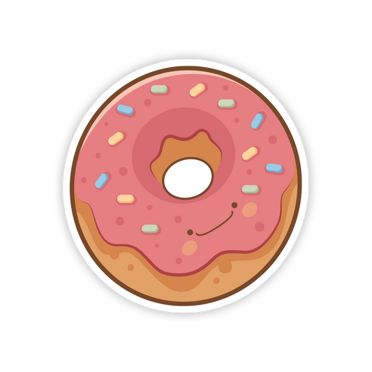 Cartoon donut with pink icing and sprinkles on a white background
